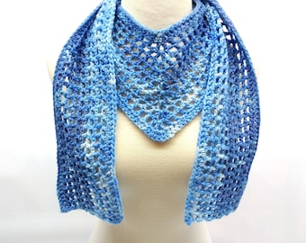 Blue Mesh Bandana Scarf, Crochet Mesh Triangle Scarf, Blue Lace Neckwear, Simple Lightweight Scarf, Ready to Ship