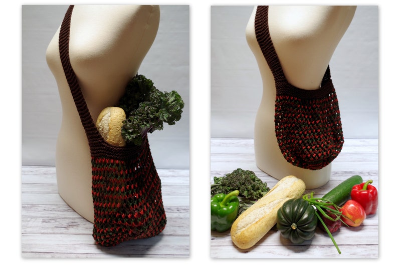 Red Brown Mesh Bag of Holding {Produce} Hand Knit Durable 100/% Cotton Cross Body Bag Green Ready to Ship Reusable Market Tote