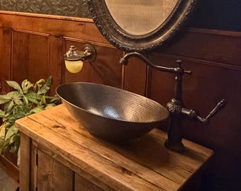 17" Copper Sink, Faucet, Drain Set -- Hand Hammered Bathroom Vanity