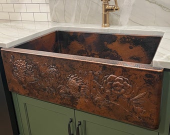 33" Copper Farmhouse Kitchen Sink with Retro Floral Bouquet Design Apron -- Multiple Well Configurations Available