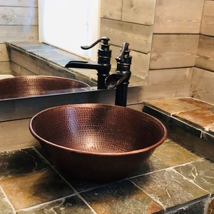 Round Copper Vessel Sink 14 Hand Hammered in Rich Sedona Highlighting with 13 ORB Faucet and Drain image 6