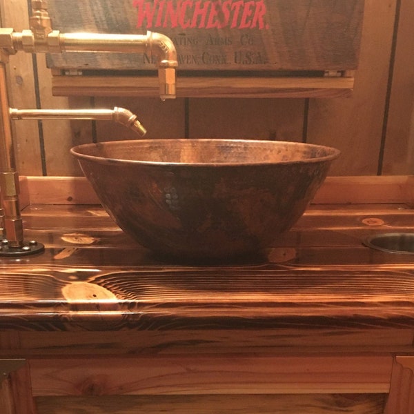 Round Hand Hammered Rustic Copper Vessel Countertop Bowl Sink 14" in Natural Fired Patina with Drain Choice