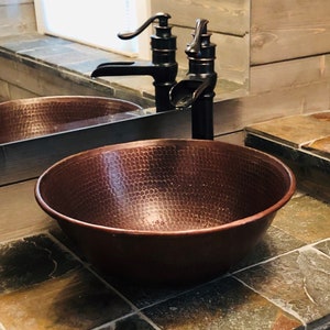 Round Copper Vessel Sink 14 Hand Hammered in Rich Sedona Highlighting with 13 ORB Faucet and Drain image 8