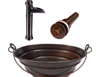 15" Round Handmade and Hand Hammered Copper Bucket Vessel Sink with Drain and Vessel Filler Faucet