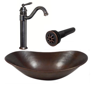 Oval Copper Modern Sleigh Vessel Sink 18" with Drain and 13" Oil Rubbed Bronze Faucet