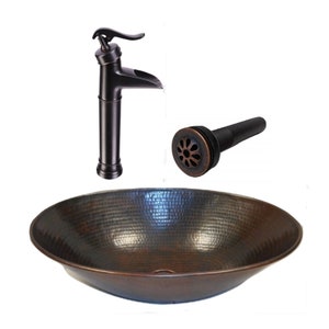 17" Oval Hand Hammered Copper Vessel Bowl Sink with Drain and 13" ORB Vessel Pump Look Faucet