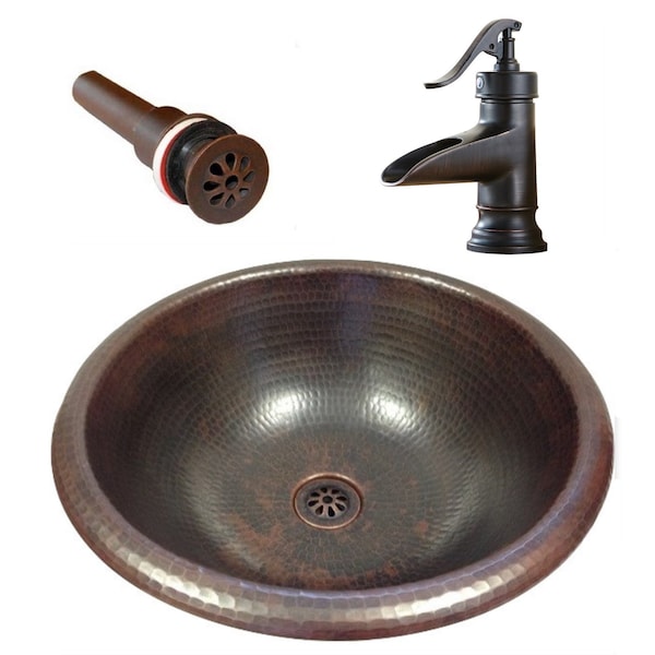 14" Round Vessel or Self Rimming Copper Bathroom Vanity Wine Barrel / Whiskey Barrel Sink with DRAIN and 7" ORB Faucet