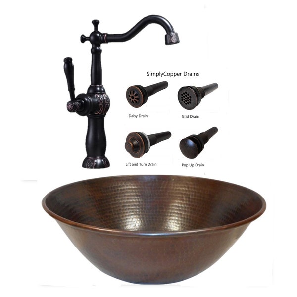 Round Copper Vessel Vanity Bathroom 14" Sink with Choice of Drain & 13" Clayborne Vessel ORB Faucet