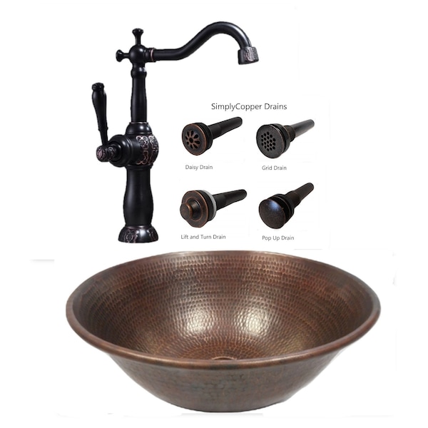 Round Copper Vessel Vanity Bathroom 14" Sink in Sedona Bronze Highlighting with Choice of Drain & 13" Clayborne ORB Faucet