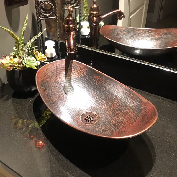 Oval Copper Modern Sleigh Vessel Sink 18" Hand Hammered-- Choice of Drain