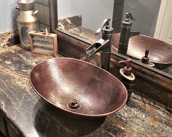 Hand Hammered Copper Oval Vessel Sink with ORB Faucet and Drain Choice