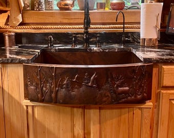 36" Woodland Rounded Front Copper Farmhouse Kitchen Sink in Rio Grande Patina with Woodland Design Apron - VARIABLE Bowl Options