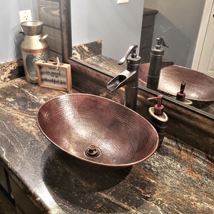 17" Oval Hand Hammered Copper Vessel Vanity Bathroom Bowl Sink with Drain and 13" ORB Faucet