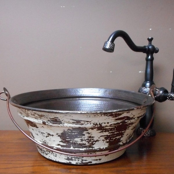 Farmhouse Chic 15" Round Hand Hammered Copper Bucket Vessel Sink in Gorgeous Distressed White Exterior-- Choice of Drain