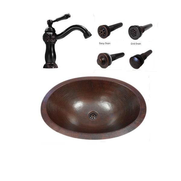16" Oval Copper Undermount or Drop In Bathroom Sink with 9" Oil Rubbed Bronze Clayborne Faucet and Drain