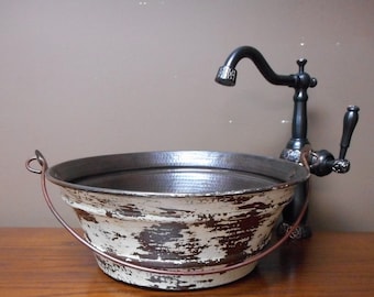 Farmhouse Chic 15" Round Hand Hammered Copper Bucket Vessel Sink in Gorgeous Distressed White Exterior-- Choice of Drain