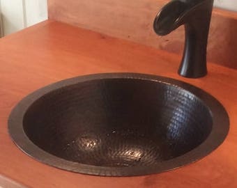 Round Hand Hammered 15" Copper Bathroom Sink with DRAIN -- Undermount or Drop In