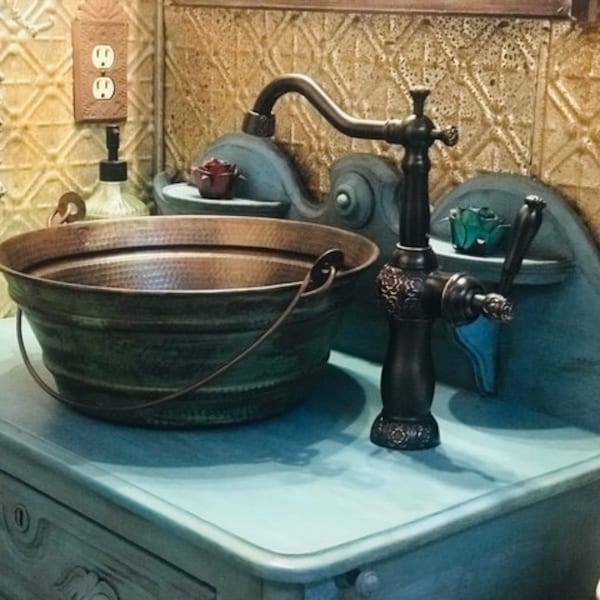 Round Copper Bucket Vessel Bathroom Sink 15" with GREEN Patina with Drain & 13" Clayborne ORB Faucet