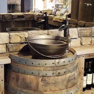 Round Copper Bucket Vessel Sink 15" in Aged Copper with ORB Faucet and Matching Drain -- Works Great with Whiskey Barrels