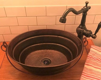 Oval Copper Bucket Vessel Vanity Bathroom 16" Sink with Drain Choice & 13" Claymore ORB Faucet