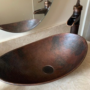 Oval Hand Hammered Copper Modern Sleigh Vessel Bathroom Vanity Sink 18" with Drain Choice