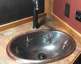 19" Oval Texas Star Copper Bathroom Sink with Oil Rubbed Bronze Faucet