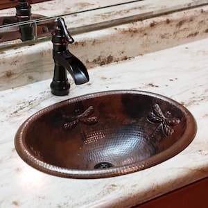 Oval Copper Vanity Bathroom Drop In 19&quot; Sink with Dragonfly Design -- Choice of Drain