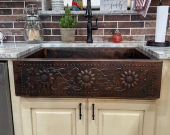 One Well Copper Farmhouse Kitchen Sink with SUNFLOWERS Design -- Multiple Sizes Available