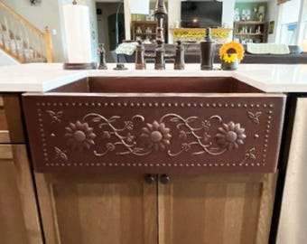33" Copper Farmhouse Kitchen Sink with SUNFLOWERS Design in Cafe Brown Patina -- Multiple Well Configurations Available