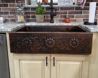 33" Copper Farmhouse Kitchen Sink with SUNFLOWERS Design in Rio Grande Patina -- Multiple Well Configurations Available