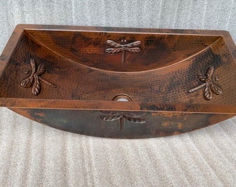 Copper Trough Bathroom Vanity Sink with Design; Star, Dragonfly, Fleur De Lis