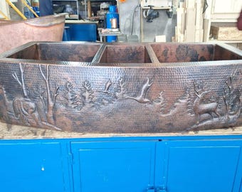 Rounded Front Triple Well Copper Farmhouse Kitchen Sink, Woodland Bear Apron, Triple Basin