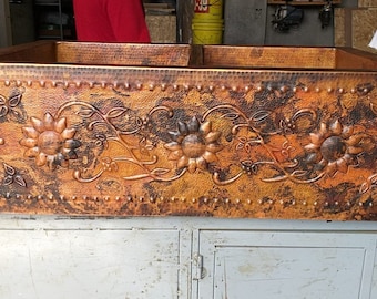 36" Natural Patina Copper Farmhouse Kitchen Sink with SUNFLOWERS Design -- Multiple Well Configurations Available