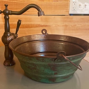 Round Copper Bucket Vessel Bathroom Sink 15&quot; with GREEN Patina with Drain & 13&quot; Clayborne ORB Faucet