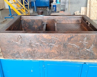 Ducks in Flight Copper Workstation Farmhouse Kitchen Sink; Wildlife Scene