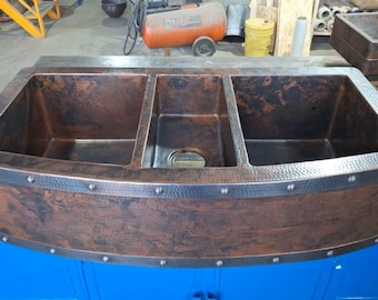 42" Triple Basin Copper Rounded Front Farmhouse Kitchen Sink; Straps & Rivets Apron Design