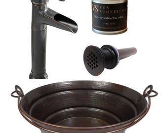 15" Round Copper BUCKET Vessel Bath Sink, Faucet Kit & Wax Included