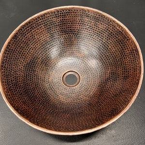 Round Copper Vessel Sink 14 Hand Hammered in Rich Sedona Highlighting with 13 ORB Faucet and Drain image 3