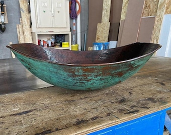 20" Oval Hand Hammered Oval Roman Copper Vessel Sink with rustic green patina exterior
