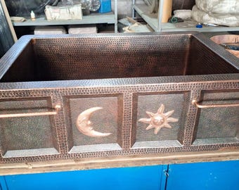 33" Moon and Sun Hand Hammered Copper Kitchen Farmhouse Apron Sink In Brushed Sedona