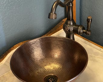 14" Round Copper Vessel Bathroom Sink with 13" Oil Rubbed Bronze Faucet and Drain