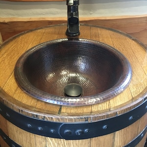 14&quot; Round Vessel or Self Rimming Copper Bathroom Vanity Wine Barrel / Whiskey Barrel Sink with 7&quot; ORB Faucet and Drain Choice