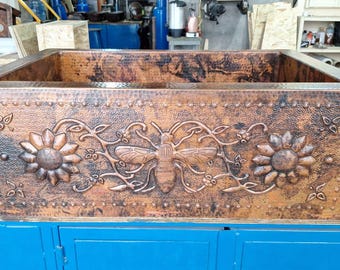 Copper Farmhouse Kitchen Sink, Bee and Sunflower Design