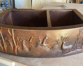 33&quot; Hand Hammered Rounded Front One Well Copper Farmhouse Sink in Rio Grande Patina with Woodland Design Apron - VARIABLE Bowl Options
