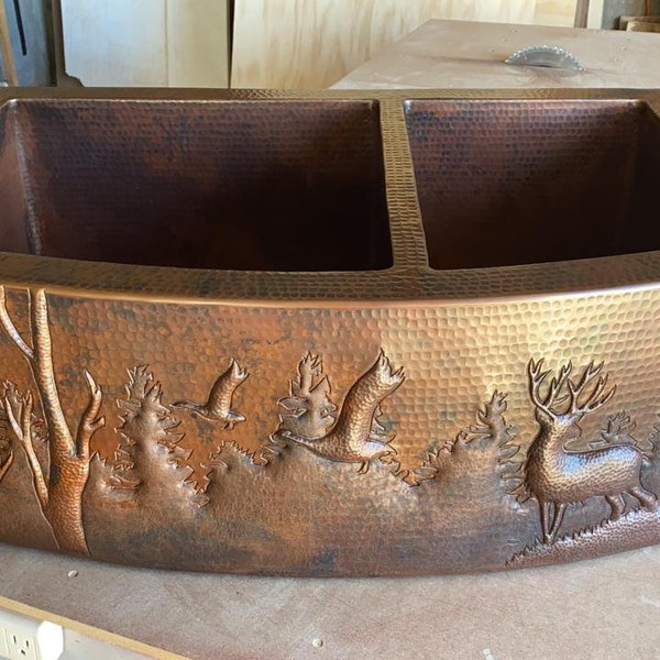Hand Hammered Copper Kitchen Sink with Wildlife Scene, Double Basin Farmhouse Sink