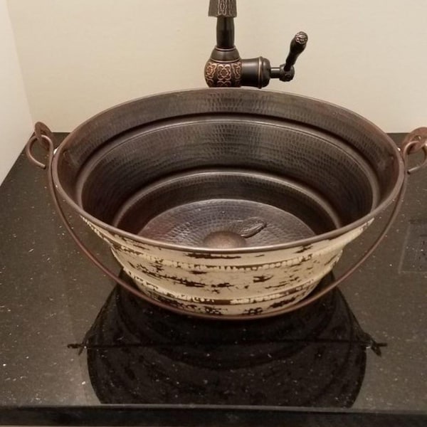 15" Hand Hammered Copper Bucket Vessel Sink – Farmhouse Distressed White with Drain Choice