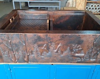 Copper Kitchen Farmhouse Sink with Wildlife Woodland Scene Apron