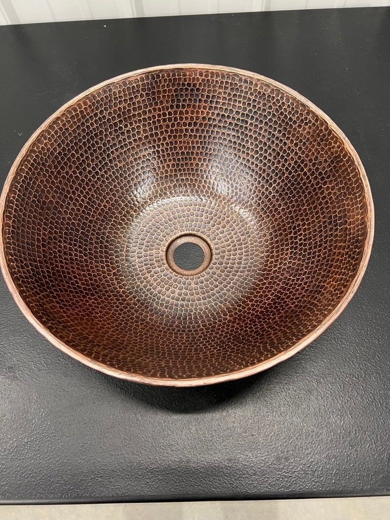 Round Copper Vessel Sink 14 Hand Hammered in Rich Sedona Highlighting with 13 ORB Faucet and Drain image 4