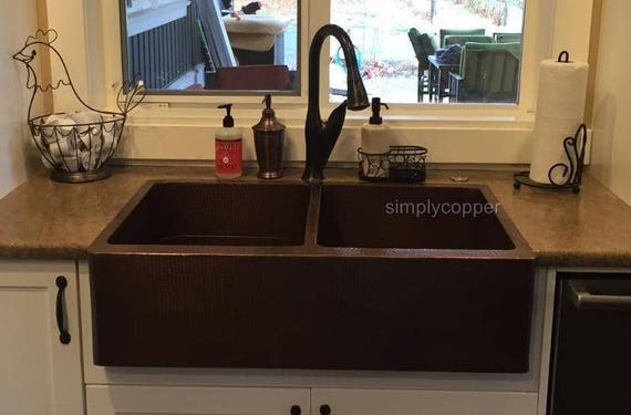 33 Hand Hammered Two Well Copper Farmhouse Sink 50 50 Etsy
