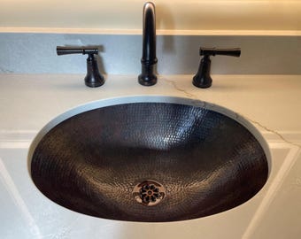 19" Oval Hand Hammered Copper Drop in or Undermount Bathroom Vanity Sink -- Choice of Drain